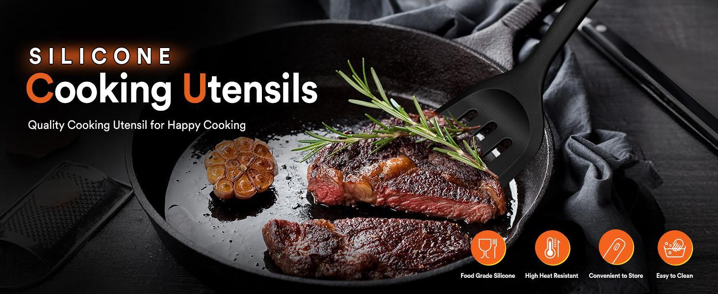 BUUYIS 18-Piece Kitchen Utensil Set — Durable, Heat-Resistant, BPA-Free Matte Silicone Cookware Tools (Non-Stick Cookware Compatible) — Includes Chef's Knife Set (Contains 11 Utensils, 5 Sharp Knives, 1 Pair of Scissors, and 1 Rotating Storage Caddy)