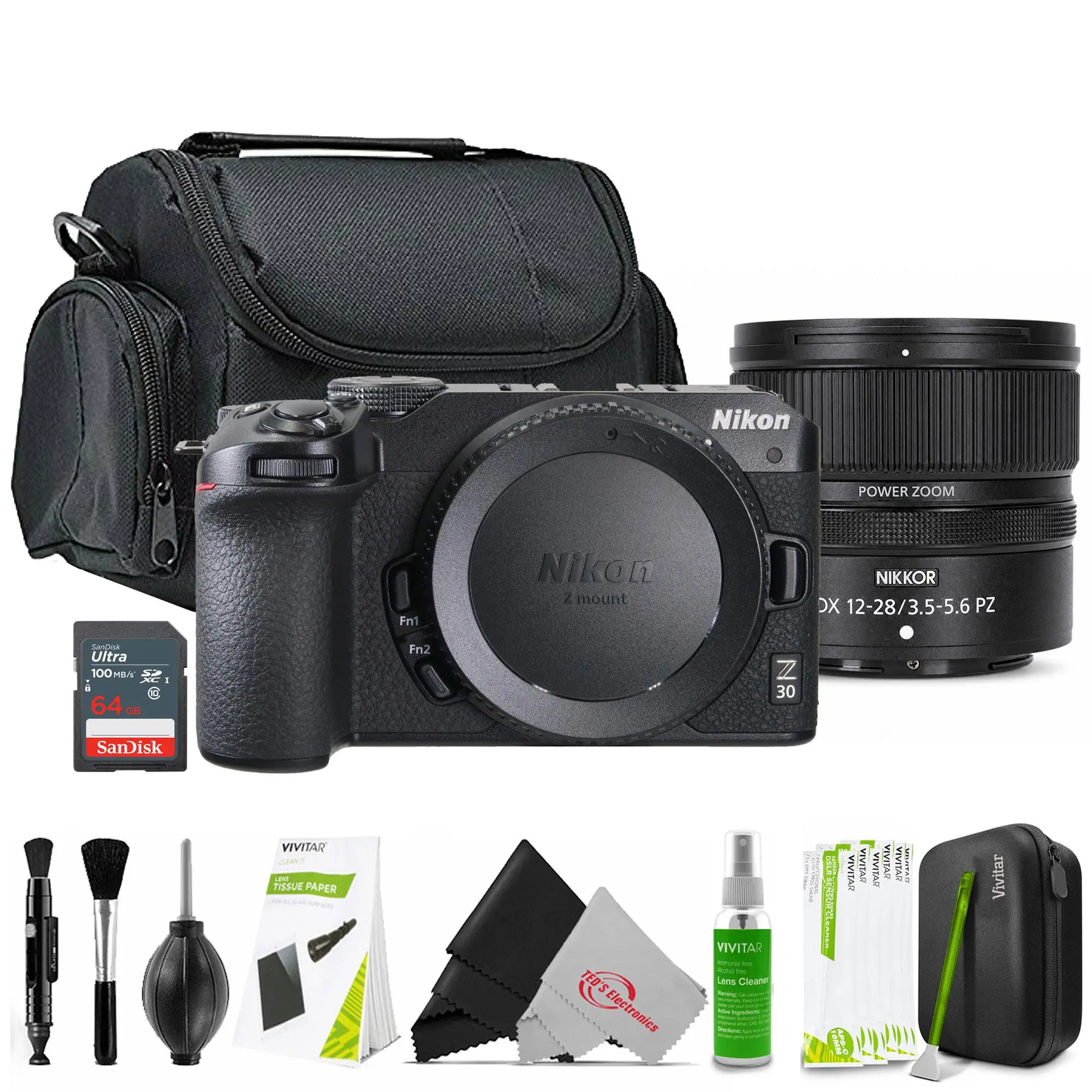 Nikon Z 30 Wireless Mirrorless Camera (Black) + Nikon NIKKOR Z DX 12-28mm f/3.5-5.6 PZ VR Lens, 64GB Memory Card, Cleaning Kit, Camera Case, Wireless Mirrorless Cameras