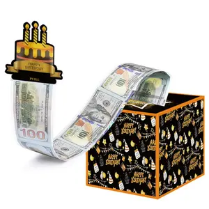 Black Gold Birthday Money Box for Cash Pull, Happy Birthday Boxes Gifts for Money Pull Out Card, 50Pcs Transparent Bags