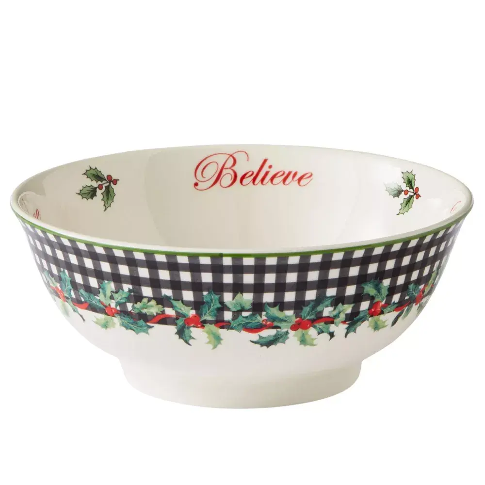 Spode Christmas Tree Revere Porcelain Bowl - 6" Round Tableware with Checkered Exterior, Holly Accents, Interior Sentiments, Oven-Safe for Candy, Desserts, Soup