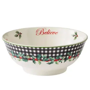 Spode Christmas Tree Revere Bowl - Checkered Exterior & Holly Accents, Festive Candy Dish or Snack Bowl with Sentiments Inside, 6" Porcelain