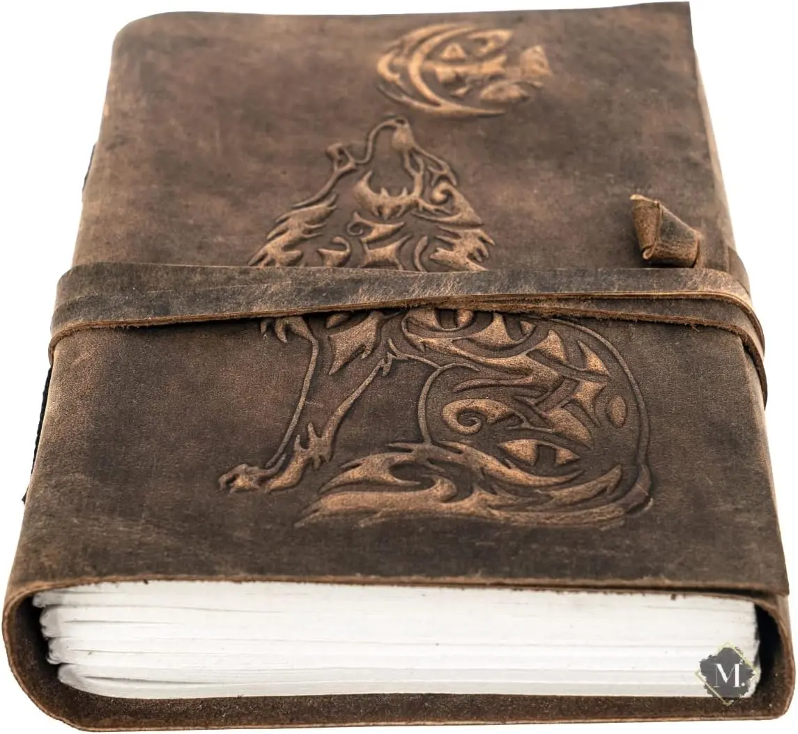Genuine Leather Antique Journal Sketchbook - 5x7 in Stationery Notebook, 200-Page Bound Doodle Diary for Men, DnD Travel Use, Dark Brown Wolves Design, Father's Day Gift, Weddings Keepsake, Journaling Supplies