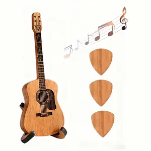 Wooden Guitar Pick Box with Stand - 3PCS Unique Guitar Picks,Mini Guitar,Musician Engraved Wooden Plectrum Case,Suitable for Bass Guitar UkuleleLovers Guitar Pick Case.