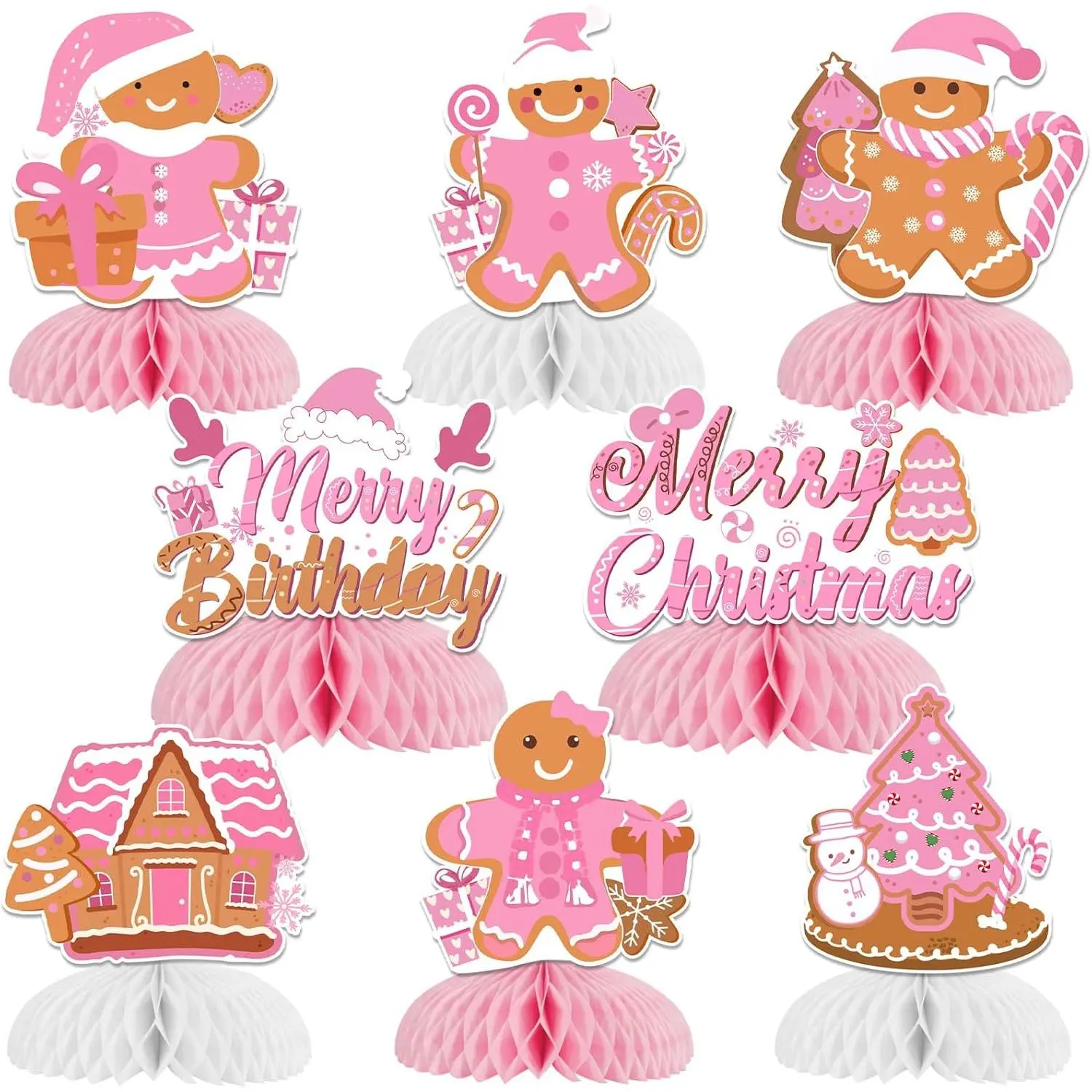 1Set Pink Gingerbread Christmas Decorations 8pcs Gingerbread Honeycomb Centerpieces Gingerbread Man Christmas Birthday Decorations Pink Ginger Bread Cookie House Table Topper for Girl