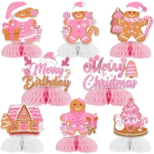 1Set Pink Gingerbread Christmas Decorations 8pcs Gingerbread Honeycomb Centerpieces Gingerbread Man Christmas Birthday Decorations Pink Ginger Bread Cookie House Table Topper for Girl