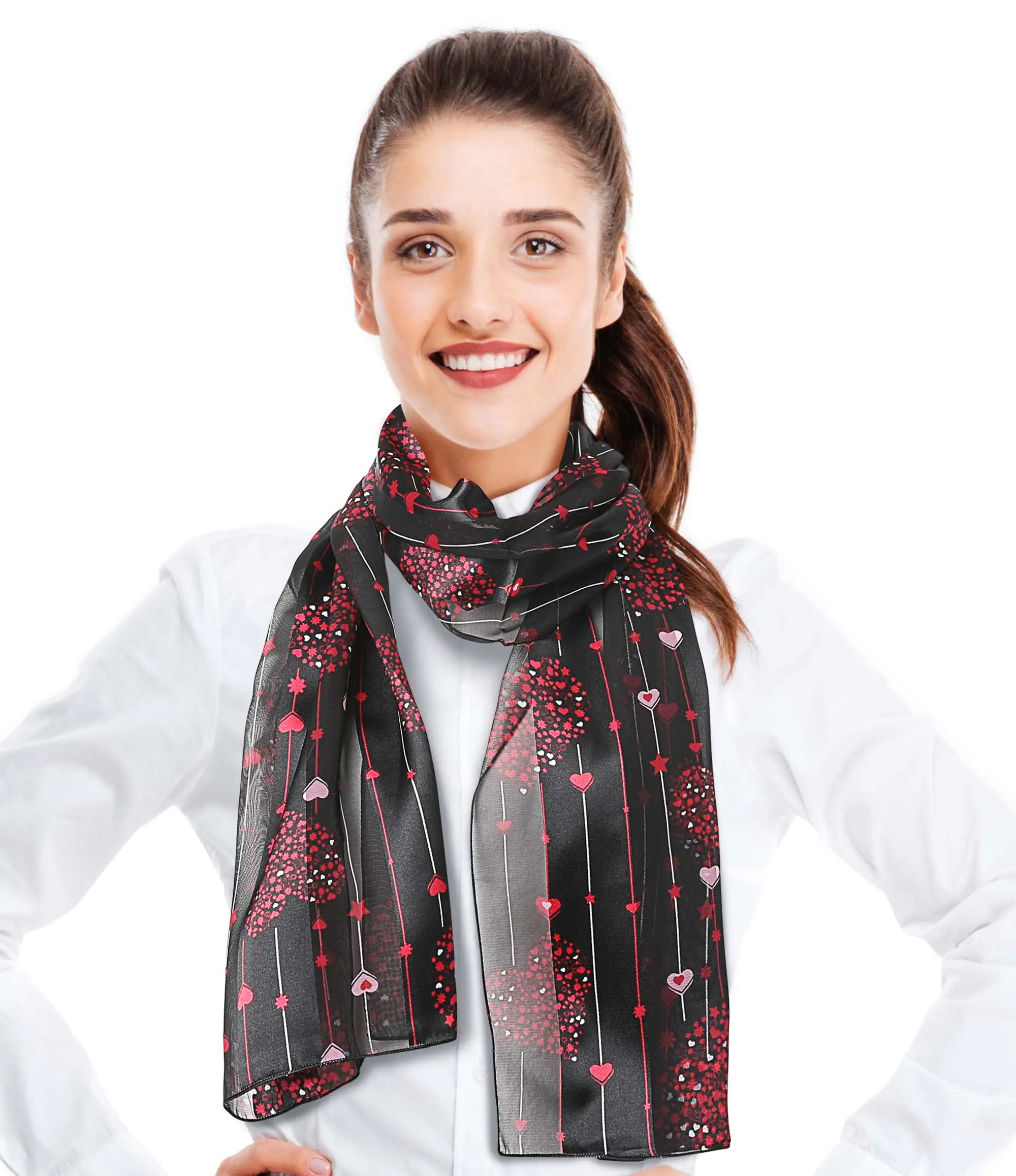 CBC Crown Women's Casual Heart Pattern Scarf - Lightweight Silk-Feeling Polyester Daily Fashion Accessory, 13"x60", All Seasons Wear, Hand Wash, 13" X 60", Everyday, Female, Valentine