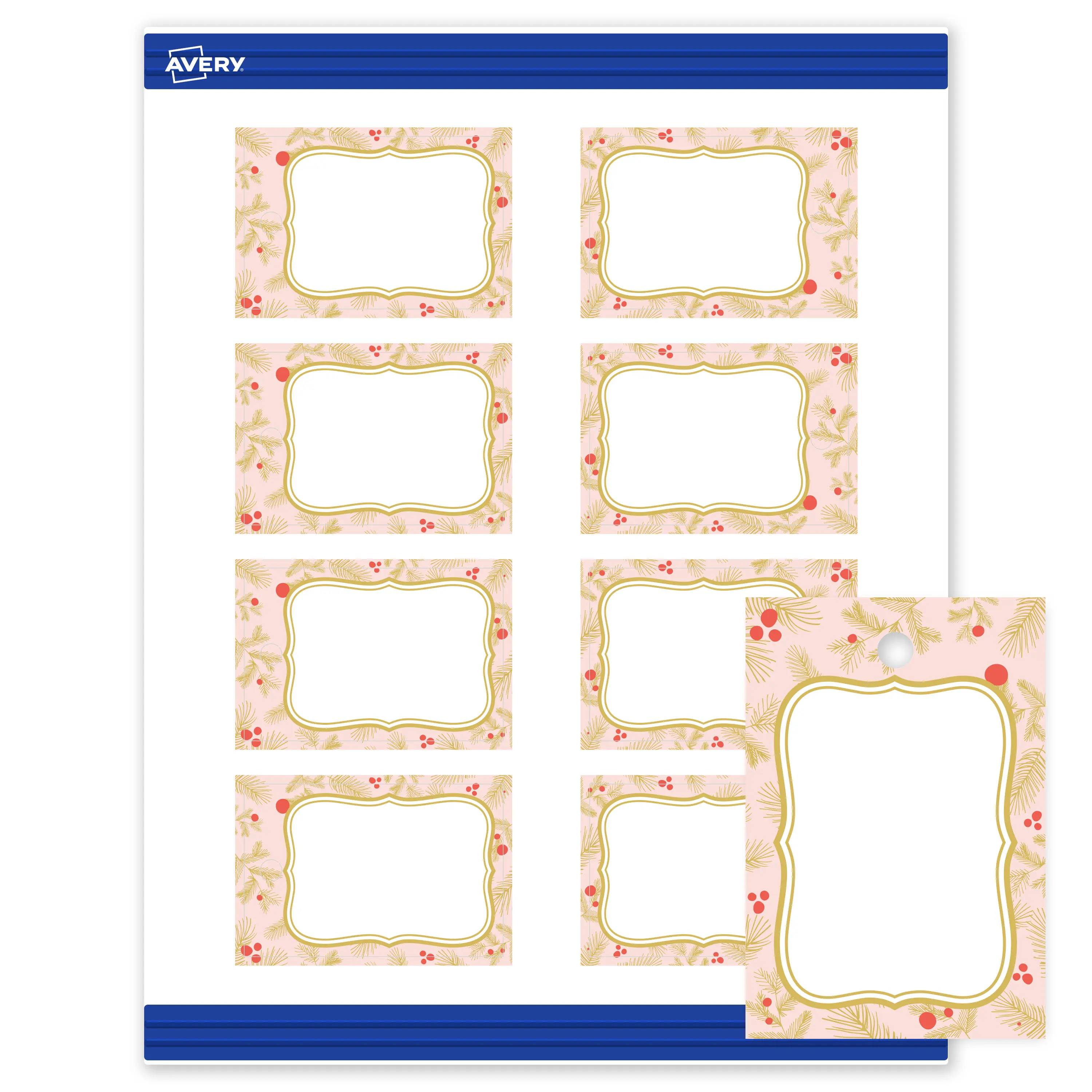 Avery® Printable Christmas Rectangle Tags, 2" x 3", Matte White, Pre-printed Pink & Metallic Gold Frame Design, Sure Feed® Technology, Laser & Inkjet Compatible, 160 Total