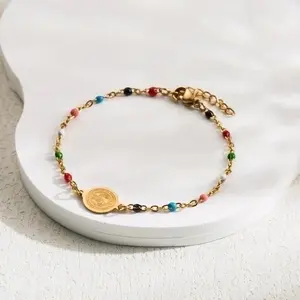 Virgin Mary Cable Bead Chain Bracelets with Colorful Beads and Gold Finish Jewelry Accessory