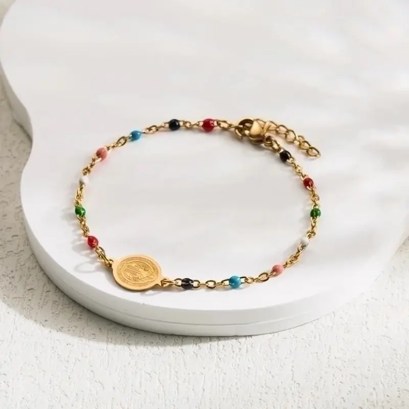Virgin Mary Cable Bead Chain Bracelets with Colorful Beads and Gold Finish Jewelry Accessory