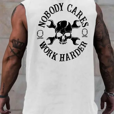 Men's Regular Fit Skull & Letter Print Graphic Tank Top, Casual Comfy Sleeveless Sport Top for Summer, Fashion Men's Clothes for Daily Wear, Socks, Halloween, Workout Tank, Tank Tops Workout, Tank Shirt