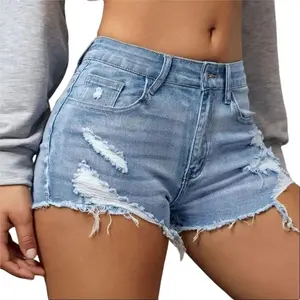 Slim-fitting plain jeans Women Denim Shorts  Ripped Raw Trim Denim Shorts  Women Denim  Women Clothing （Reg & Plus） Jean Womenswear Basic Bottom Underwear Lady Streetwear Comfort
