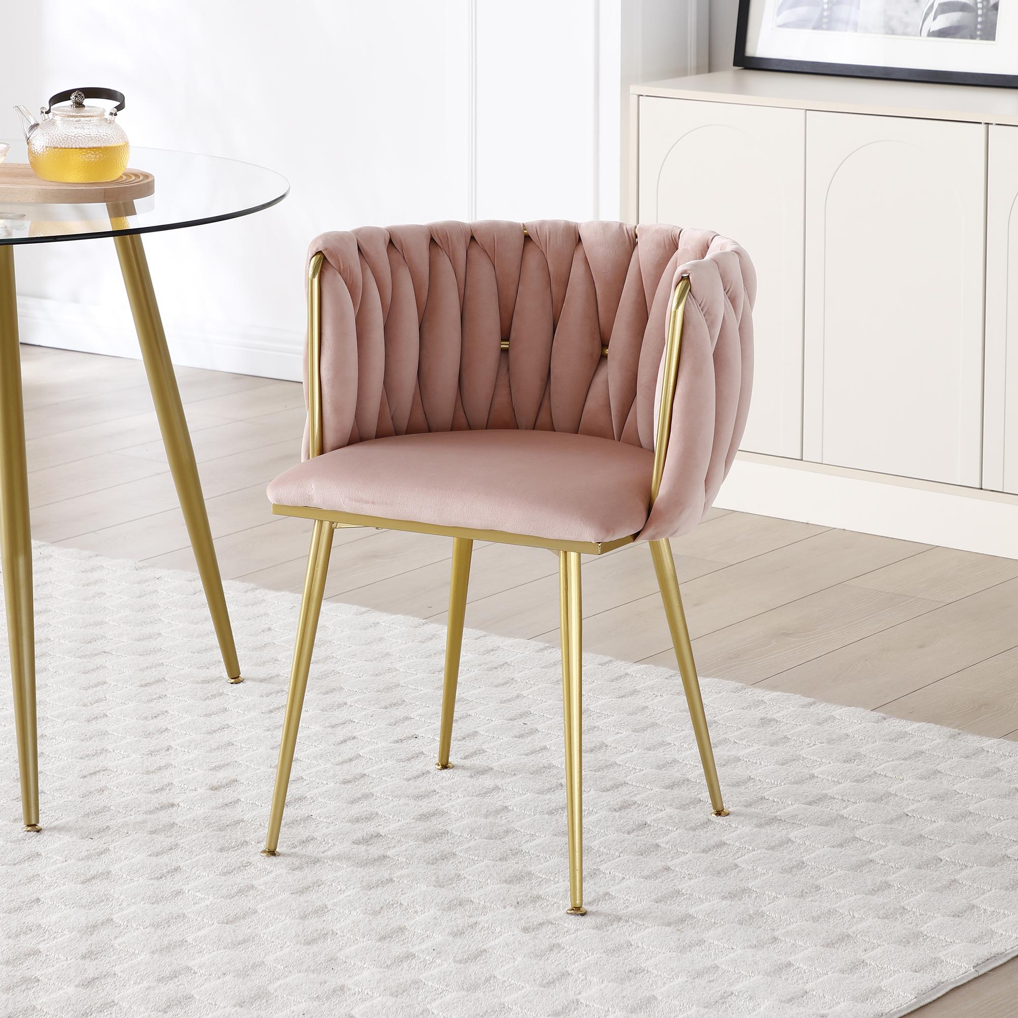 Eyisean 28" H Velvet Modern Dining Chairs Set of 2, Luxury Upholstered Side Chair with Curved Woven Backrest, Durable Accent Chair with Golden Metal Legs, Easy Assembly for Dining Room, Kitchen, Living Room