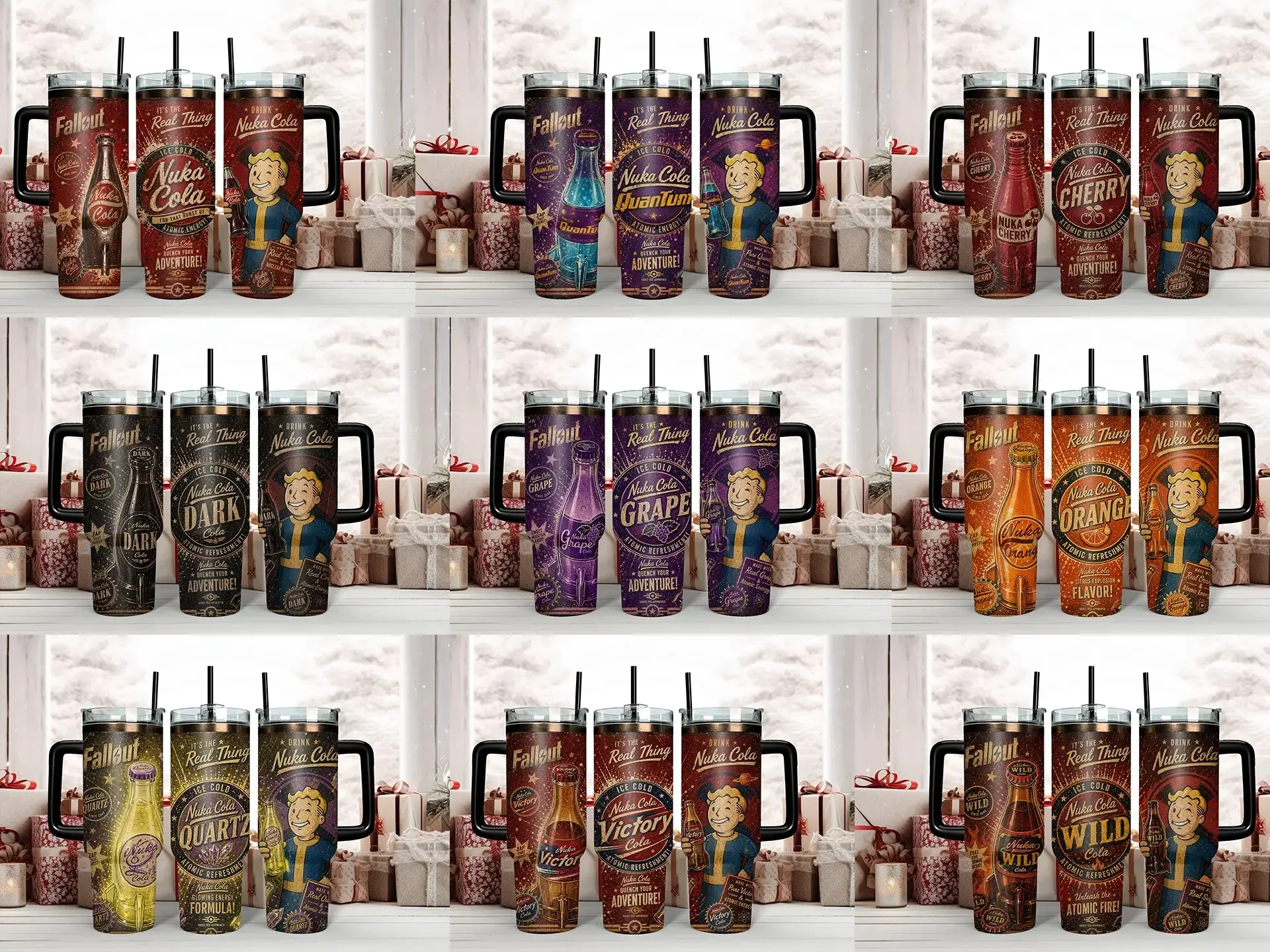 Fallout Nuka-Cola Flavor Collection 40oz Insulated Tumblers - Choose Classic, Quantum, Cherry, Dark, Grape, Orange, Quartz, Victory, or Wild - Retro Vault Boy Advertisement Travel Mug with Handle & Straw