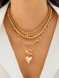 4pcs set  Heart Pendant Necklaces for Women - Multi-Layer Stackable Gold Clavicle Chains, Geometric OT-Clasp Design, Romantic Jewelry Set for Dating & Daily Wear, Adjustable Layering Gift