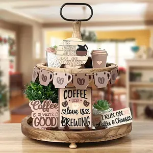 Coffee Themed Tiered Tray Decor, 15pcs/set Wooden Coffee Cupcake Decoration, Creative Layered Tray Decoration for Coffee Shop Bar Desktop, Ornaments