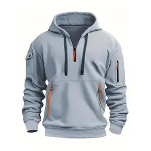 Men's Casual Hoodie Sweatshirt With Zipper And Drawstring, Pullover Hooded Sports Shirt, Multiple Pockets, Fashionable Street Style