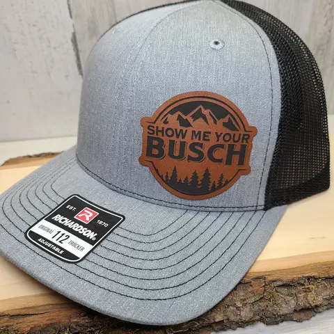 "Show Me Your Busch" Richardson Cotton Trucker Hat Leather Patch - Unisex OSFM Snapback, Cotton-Poly Mesh Back, Casual Trendy Dad Cap for Everyday Wear, Sturdy leather mix, breathable classic snapback