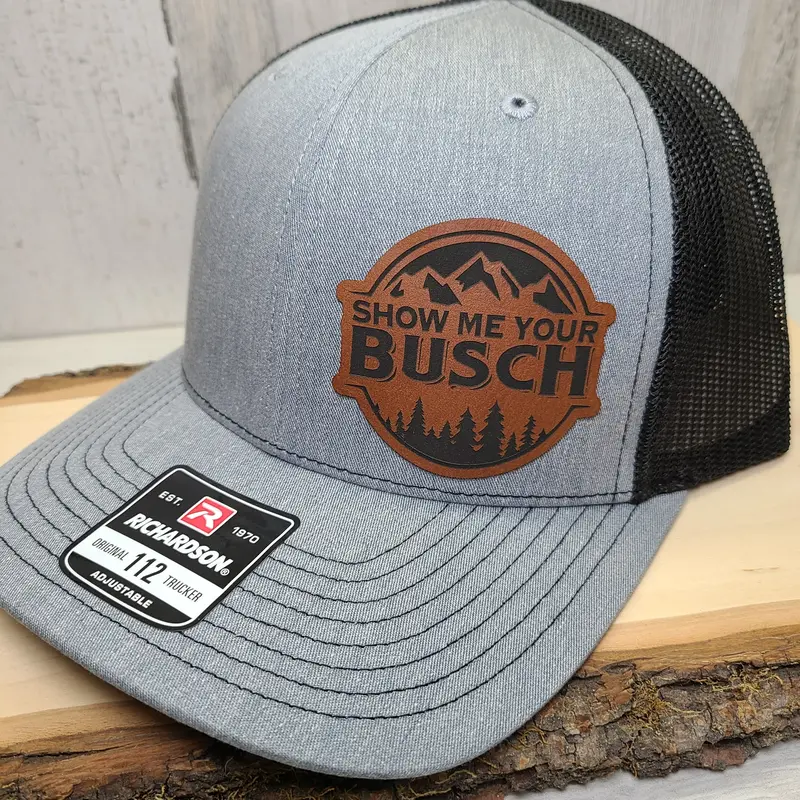 "Show Me Your Busch" Richardson Cotton Trucker Hat Leather Patch - Unisex OSFM Snapback, Cotton-Poly Mesh Back, Casual Trendy Dad Cap for Everyday Wear, Sturdy leather mix, breathable classic snapback