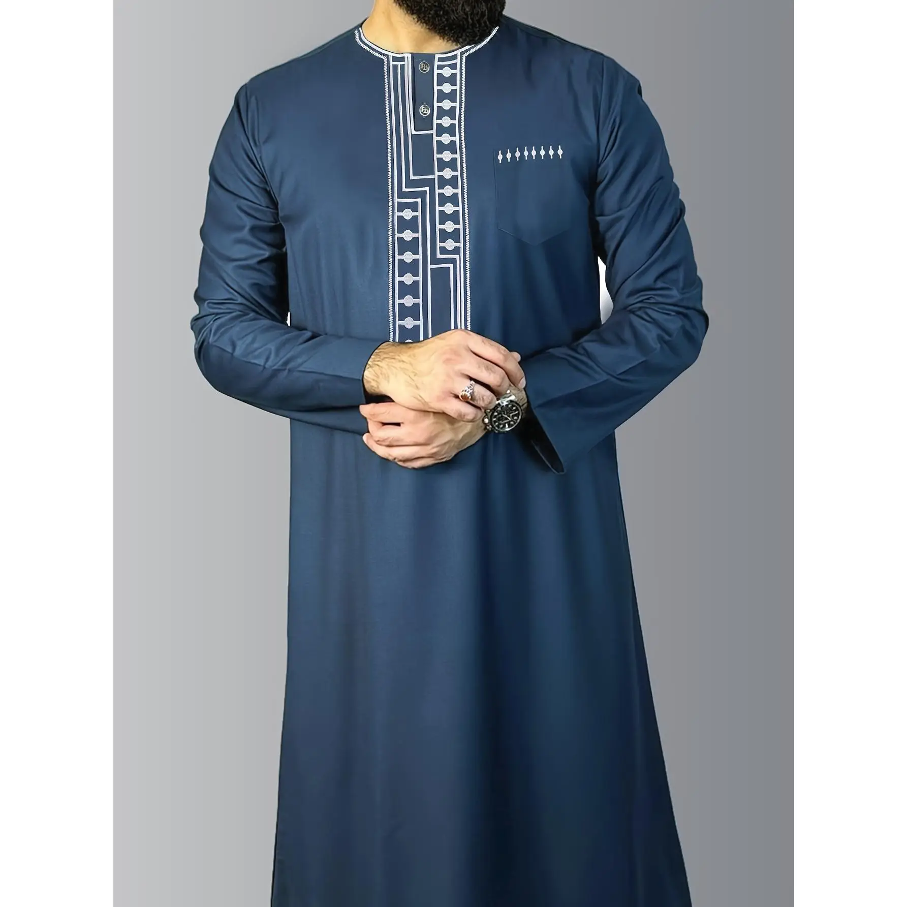 Blue Striped Casual 1pc Men's Traditional Middle Eastern Thobe - Polyester Long Sleeve with White Embroidery and Side Pocket, Regular Fit, Crew Neck,