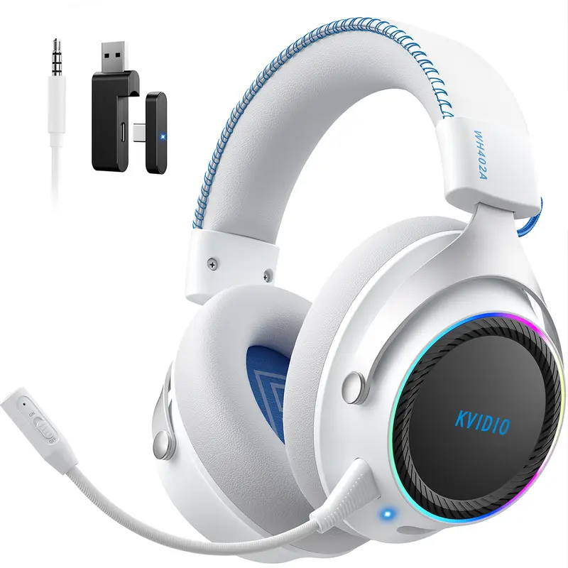 KVIDIO Wireless Gaming Headset - 3.5mm, RGB LEDs, Noise-Canceling Mic, Stereo Bass, Headphones for PS5, PS4, PC, Xbox Series X/S, Nintendo Switch, Gaming Setup Accessories, PC Accessories (Back to School)