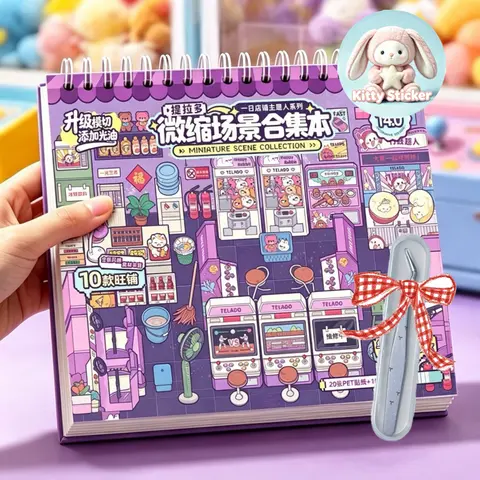 Kitty Sticker (14.0 Series One-day Store Manager-10 Themes), 3D Miniature Scene Sticker Book, 3D Miniature Scene Stickers, DIY Craft Scrapbooking Set with Upgraded Positioning Lines, Perfect for Beginners, Girls, Children(10 Themes+Tweezer)