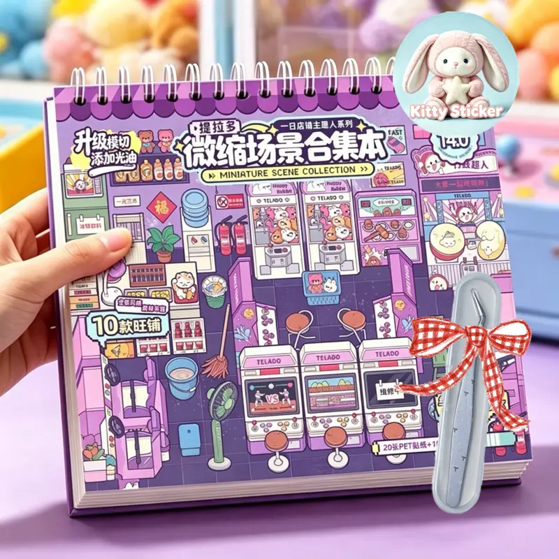 Kitty Sticker (14.0 Series One-day Store Manager-10 Themes), 3D Miniature Scene Sticker Book, 3D Miniature Scene Stickers, DIY Craft Scrapbooking Set with Upgraded Positioning Lines, Perfect for Beginners, Girls, Children(10 Themes+Tweezer)