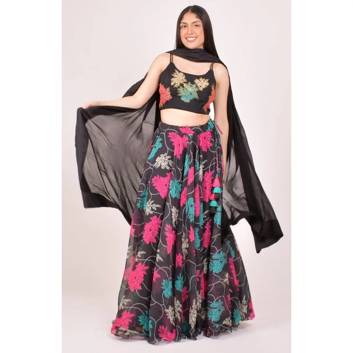 Black Floral Lehenga Choli with Zari Embroidered Blouse and Dupatta