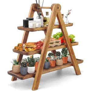 Wood 3 Tier Serving Tray Three Tiered Cupcake Stand, Rectangle Wooden Farmhouse Tiered Serving Platter, Brown Decorative Party Serving Tray Decor