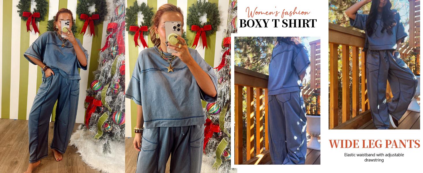 Hixiaohe Two-piece women's sportswear set Cropped T-shirt with square neckline Wide-leg pants with drawstring Sportswear for travel Casual wear