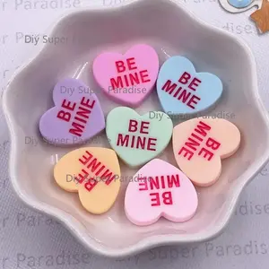 10PCS Mixed Colorful Resin Solid Color Heart Figurines Lettering BE MINE Tag Flat back Cabochon Stone Scrapbook Crafts DIY Wedding Accessories Jewelry Making Decor