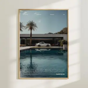 Porsche 911 Poster - Vintage Poolside Car Art, Minimalist Automotive Decor for Office, Garage, Man Cave, Luxury Gift