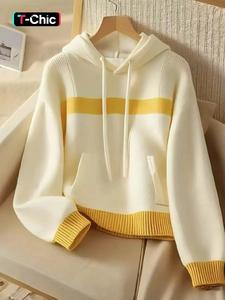 trendy retro lazy style knit sweater, high-end patchwork hoodie jacket, unique design pullover with pockets, soft comfortable top