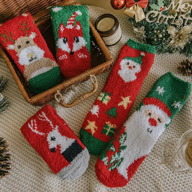 Women Christmas Fuzzy Fluffy Socks Cozy Warm Slipper Bed Socks For Xmas Gift Festive Santa & Reindeer Designs