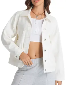 Women's Long-Sleeve Basic Straight Denim Trucker Jacket - Loose Relaxed Fit, Button Closure, Casual Style, Cotton-Blend Polyester-Viscose, Pockets, Outerwear