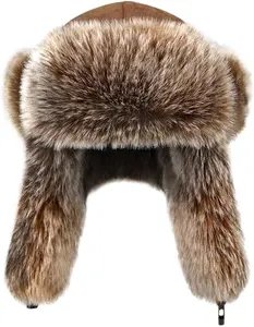 Men Russian Cossack Ushanka Trapper Hat Suede Faux Fur Hunter Hat Thick Furry Trooper Hat with Earflaps Skiing Cap