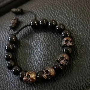 New Personalized Punk Black Beaded Skull Head Men'S Adjustable Bracelet