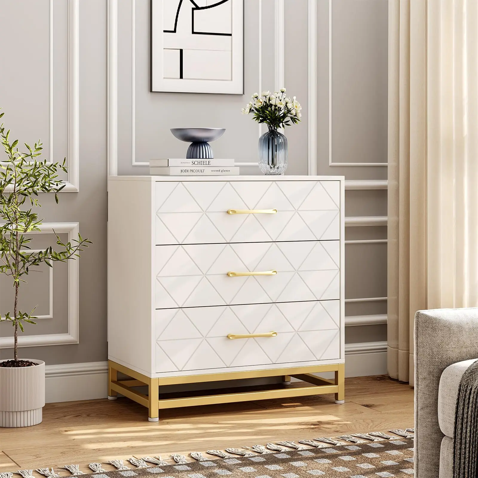 White MDF Wood 3-Drawer Bedroom Dresser - Waterproof Surface, Gold Handles, Metal Accents, Modern Accent Cabinet, Bedside Nightstand for Storage Organization