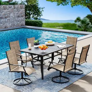 7-Piece Patio Dining Set with 6 Swivel Chairs & Table (Adjustable Umbrella Hole), UV-Resistant Outdoor Furniture for Deck, Backyard, Poolside - Brown/Blue/Gray