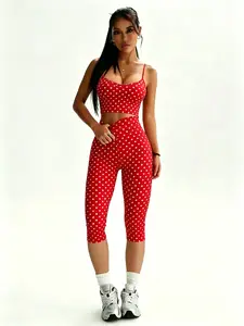 Women's Retro Polka Dot Sporty, Thin Strappy Short Sports Top, Low Round Neck, Seven-Quarter Leggings, Versatile Fitness Wear, Sporty Leggings Set