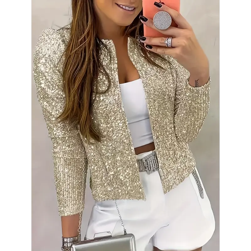 Women's Sequined Solid Jacket - Casual Open Front Crew Neck Long Sleeve Outerwear with Sequined Detailing, Contrast Sequin, Buttonless Placket, Minimalist Basic Machine Washable Womenswear