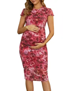 INSPIRE CHIC Women's Maternity Floral Dress Bodycon Ruched Flutter Sleeve Semi Formal Pregnancy Dresses for Wedding Guest Party