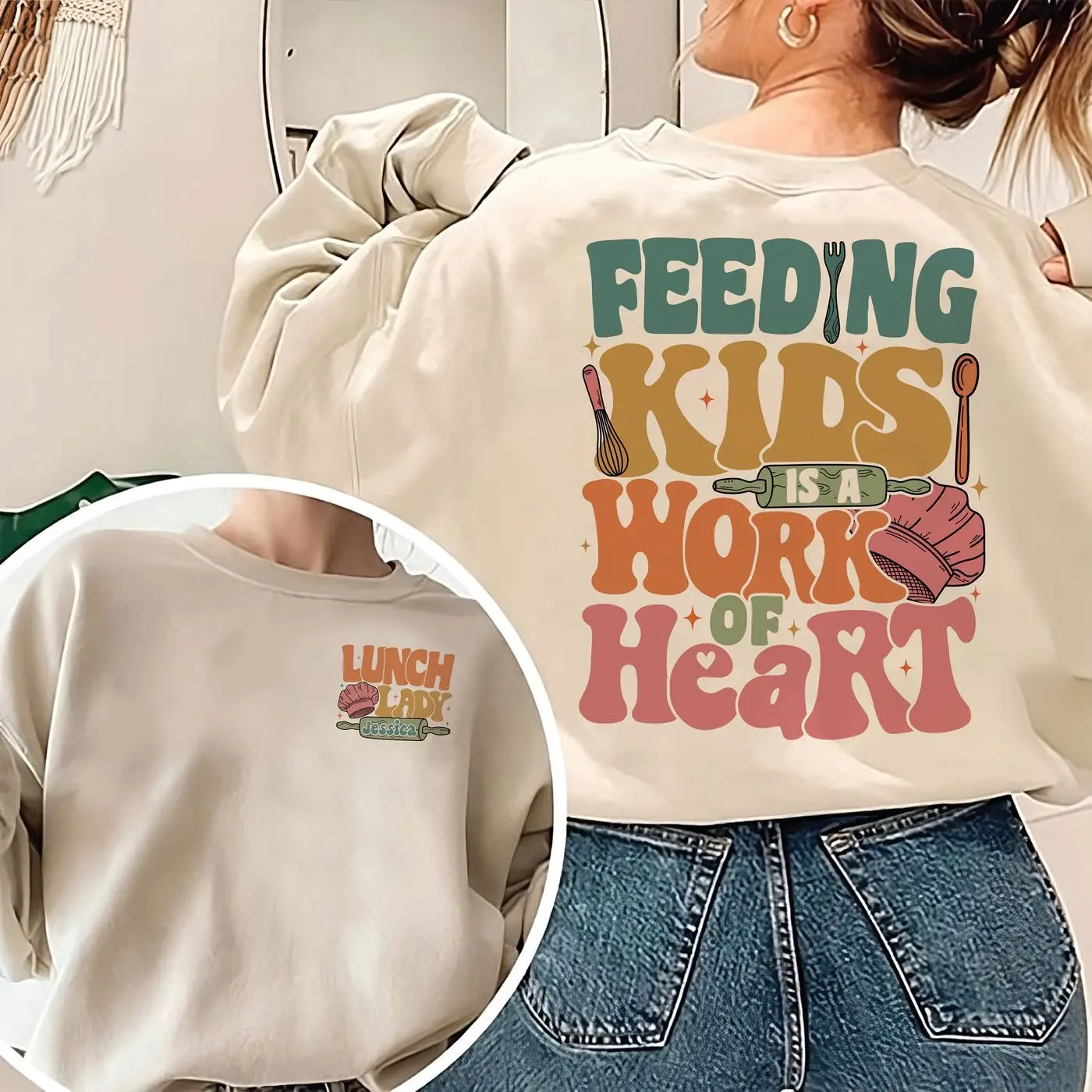 Personalized Lunch Lady Sweatshirt, Cute Lunch Lady Shirt, Feeding Kids Is A Work Of Heart Sweatshirt, Back To School Shirt, Lunch Lady Appreciation