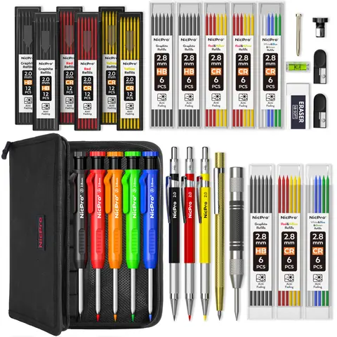 Nicpro 31-Pack Carpenter Pencil Set for Woodworkers - 2mm Drafting Pencils, Sharpener, Carbide Scribe Tool, Heavy-Duty Multi-Size Construction Writing Supplies for Accurate Marking