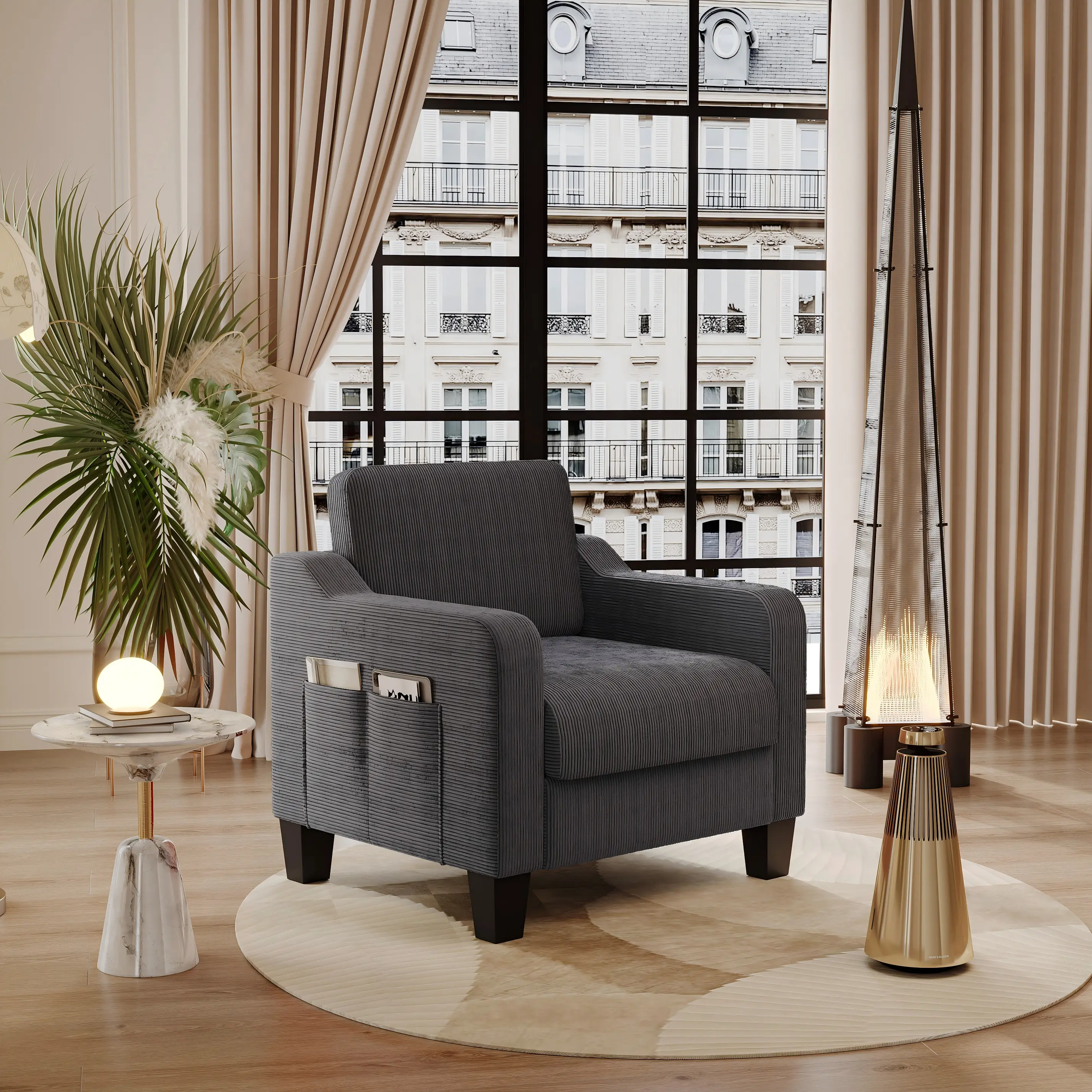Corduroy Upholstered Accent Arm Chair with Side Storage Pockets,Single Sofa Chair for Living Room,Bedroom,Office
