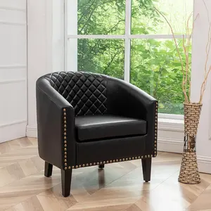 Modern Faux Leather Barrel Accent Chair, Modern Club Arm Chair Comfy Upholstered Single Sofa Chair with Solid Wood Legs and Nailhead Trim for Living Room/Reading Room