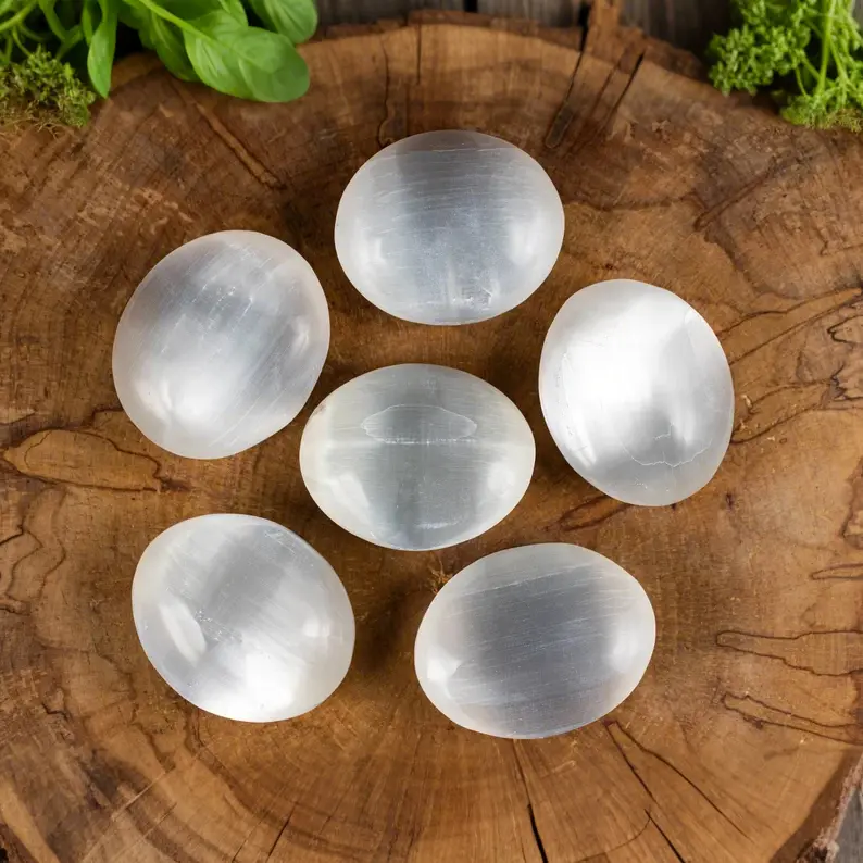 Natural Selenite Palm Stone Tumbled Pocket Crystals and Healing Stones, Natural Rocks Tumble Stones Minerals Specimens