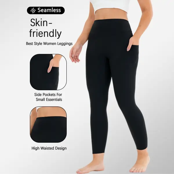 Women's Seamless High-Waist Cropped Yoga Leggings, Quick Dry, Skin-Friendly, Tummy Control, Side Pockets, Activewear Look, Gym Workout Apparel, Athleisure Wear, Sporty Chic for Yoga & Running