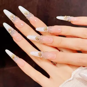 Luxury White French Press On Nails, Bridal Pearl Textured Nails with Large Rhinestones, Gold Accent Nails, Elegant Wedding False Nail Set