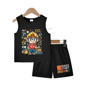 Ready Stock Trendy 4-7Y Boys' Outfit: Pixel Style Gaming Sleeveless Vest & Shorts Set 2Pcs Casual Summer Clothes Black 42504010-1DY23