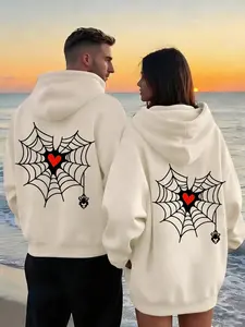 Couple Hoodie Set Heart Spider Web Pattern, Casual Loose Fit, Sweet Print, All Seasons, Perfect for Dates, Home, Shopping
